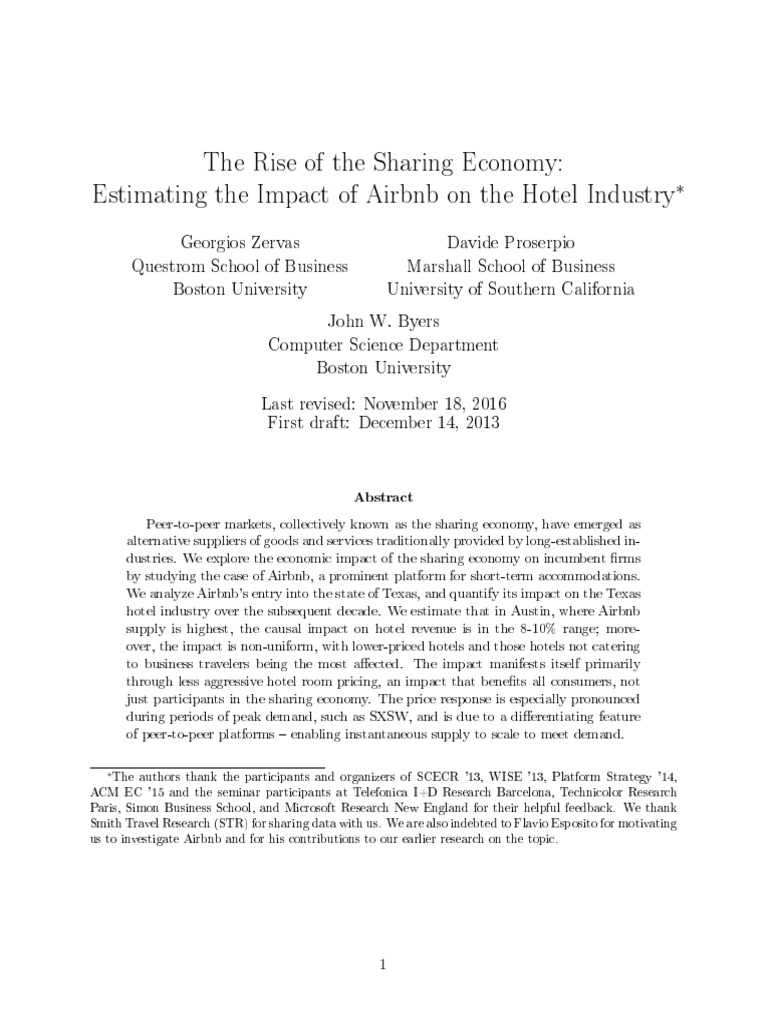 The Rise of The Sharing Economy: Estimating The Impact of Airbnb On The