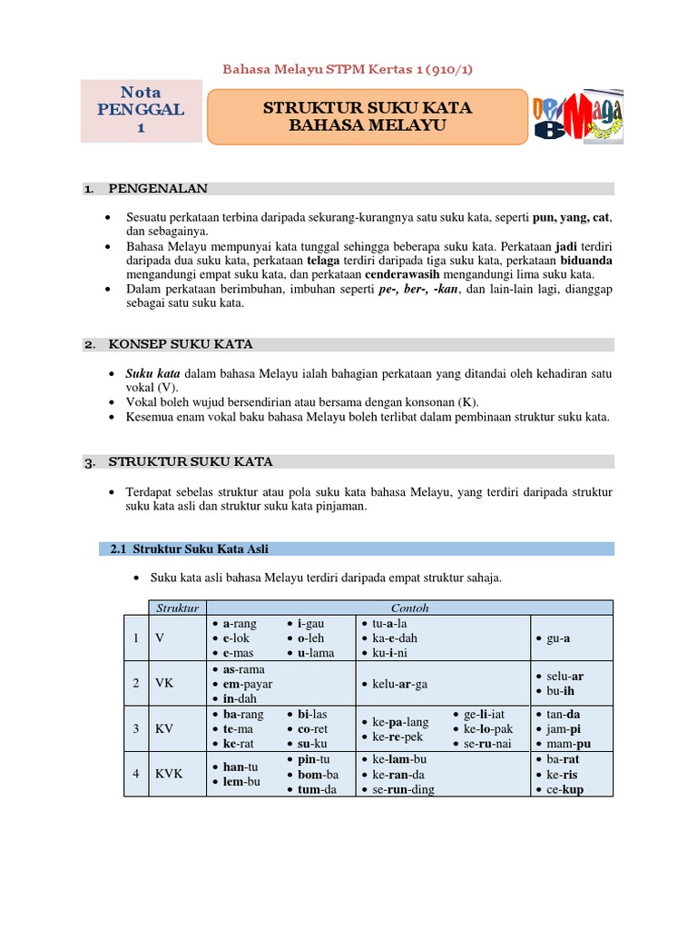 Nota Penggal 1 Struktur Suku Kata Bahasa Melayu Pdf