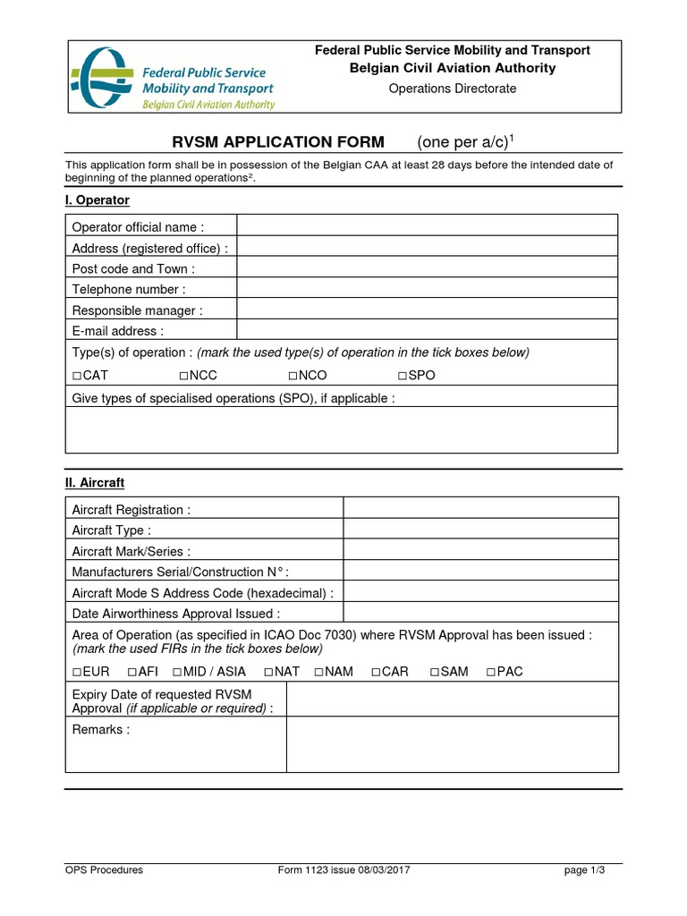 Form 1123 Application Form RVSM Spa PDF Aviation Safety Aerospace