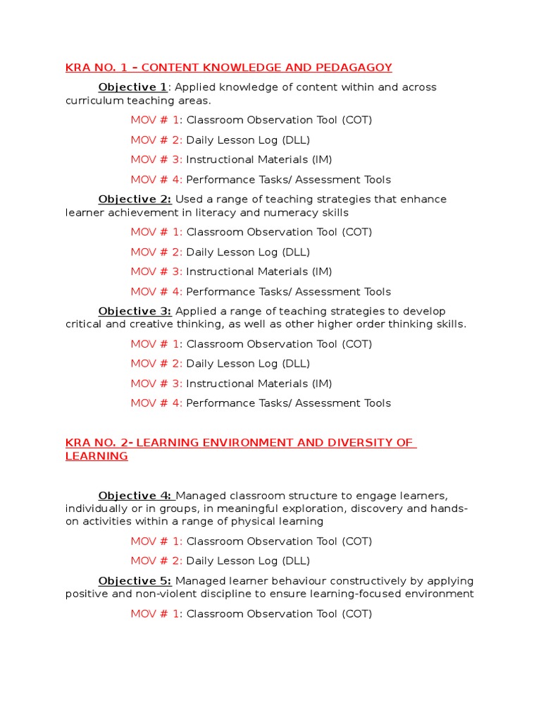Mov # 1 MOV # 2: MOV # 3: MOV # 4:: Kra No. 1 - Content Knowledge and ...