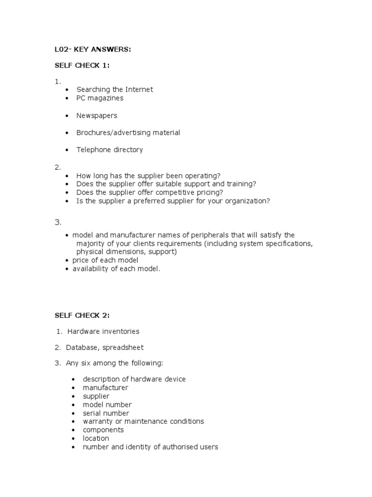 L02-Key Answers: Self Check 1 | PDF | Business | Computers