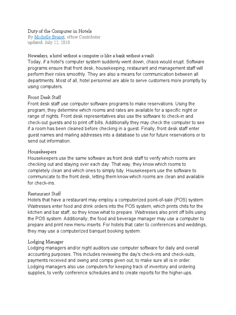 Duty of The Computer in Hotels | PDF | Computer Network | Transport ...