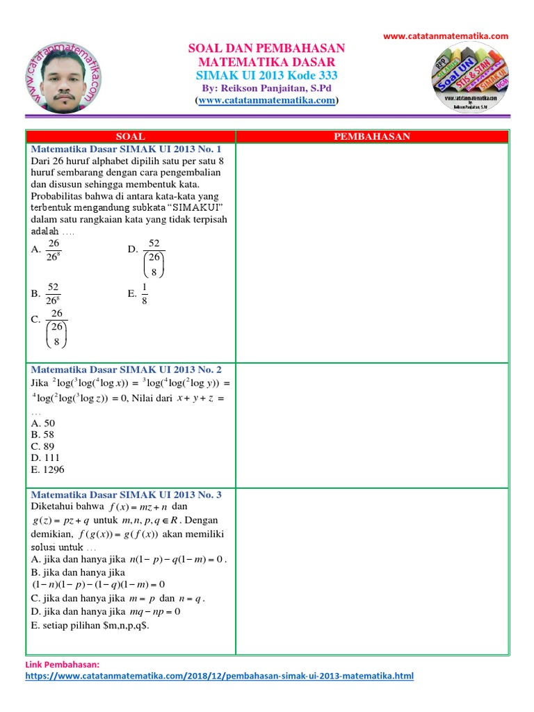 Soal Matematika Dasar Simak Ui 2013 Kode 333 Www
