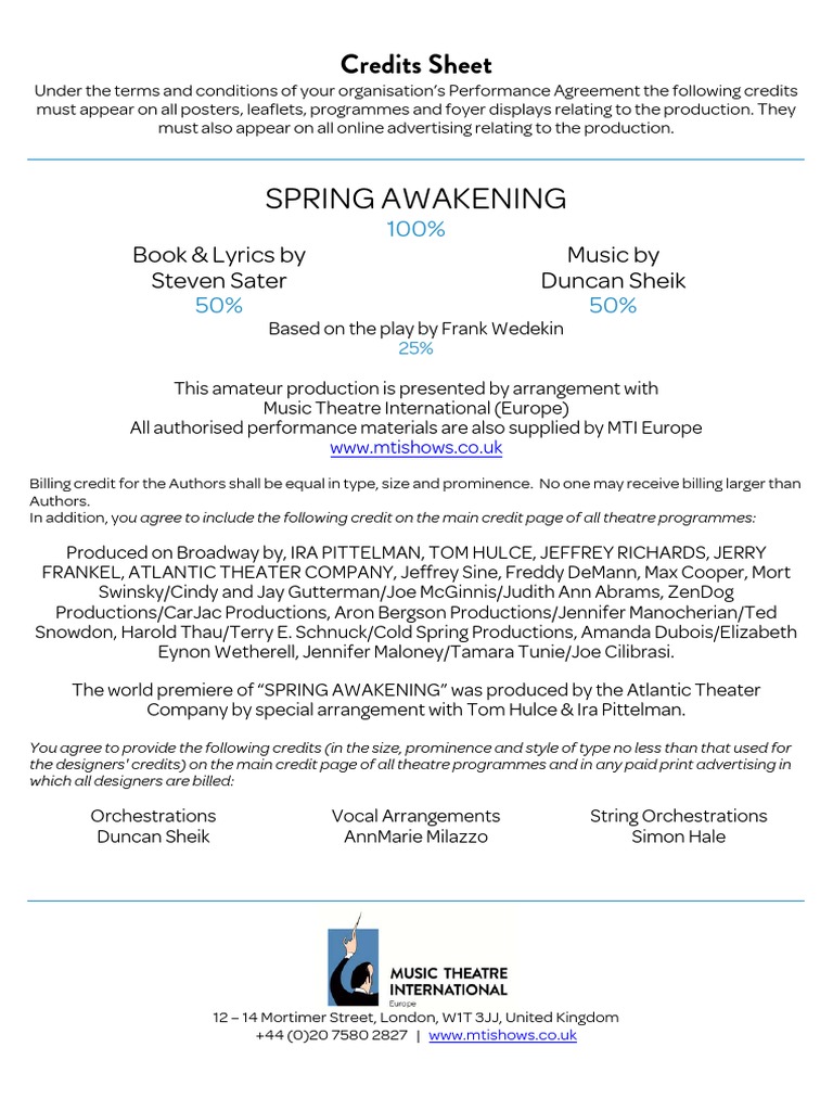 Spring Awakening Production Credits Guide | PDF | Entertainment ...