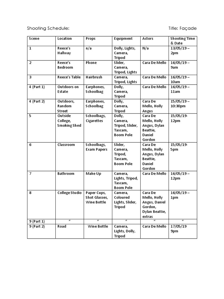 Shooting Schedule | PDF | Leisure