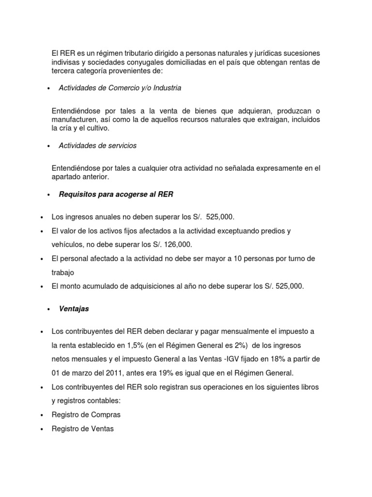 El Régimen Especial de Renta (RER) | PDF