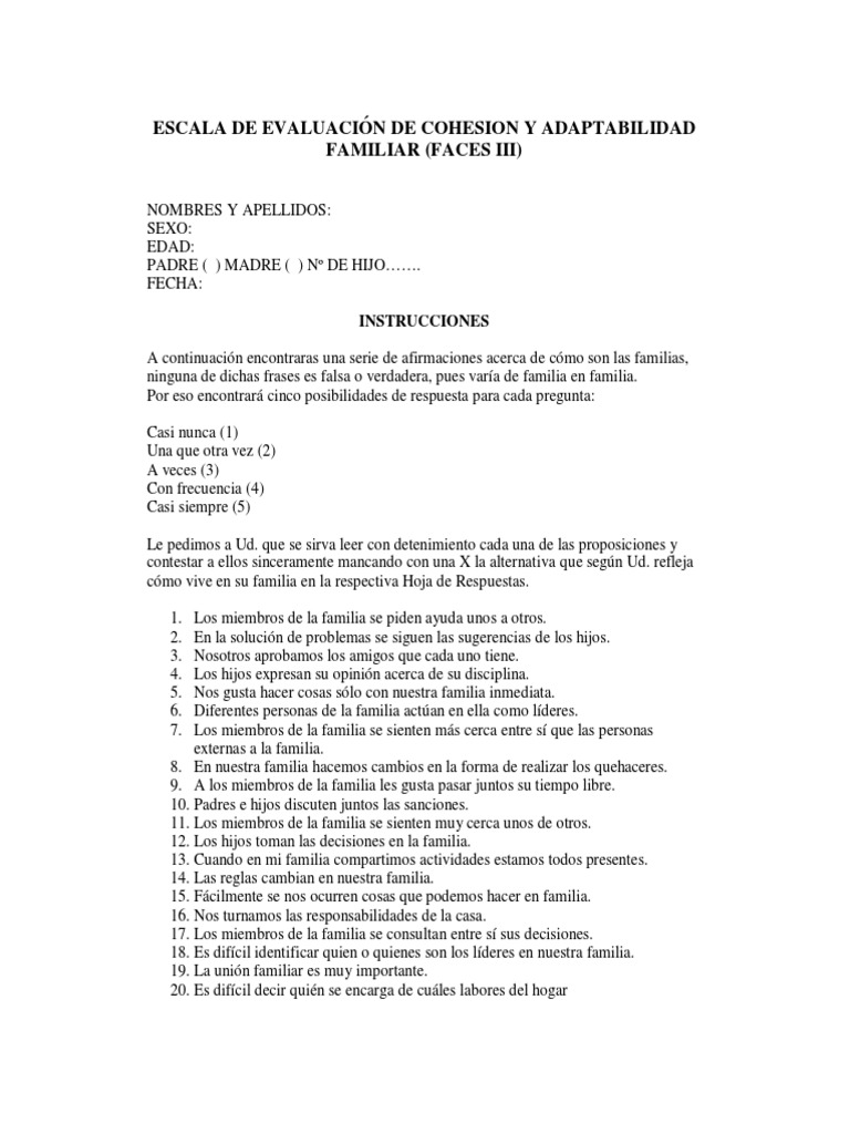 Evaluación de Cohesión Familiar FACES III | PDF