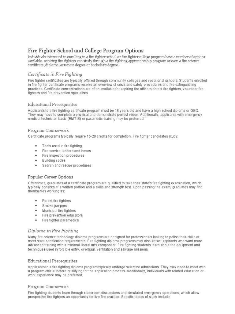 Fire Fighter School and College Program Options | PDF | Firefighter ...