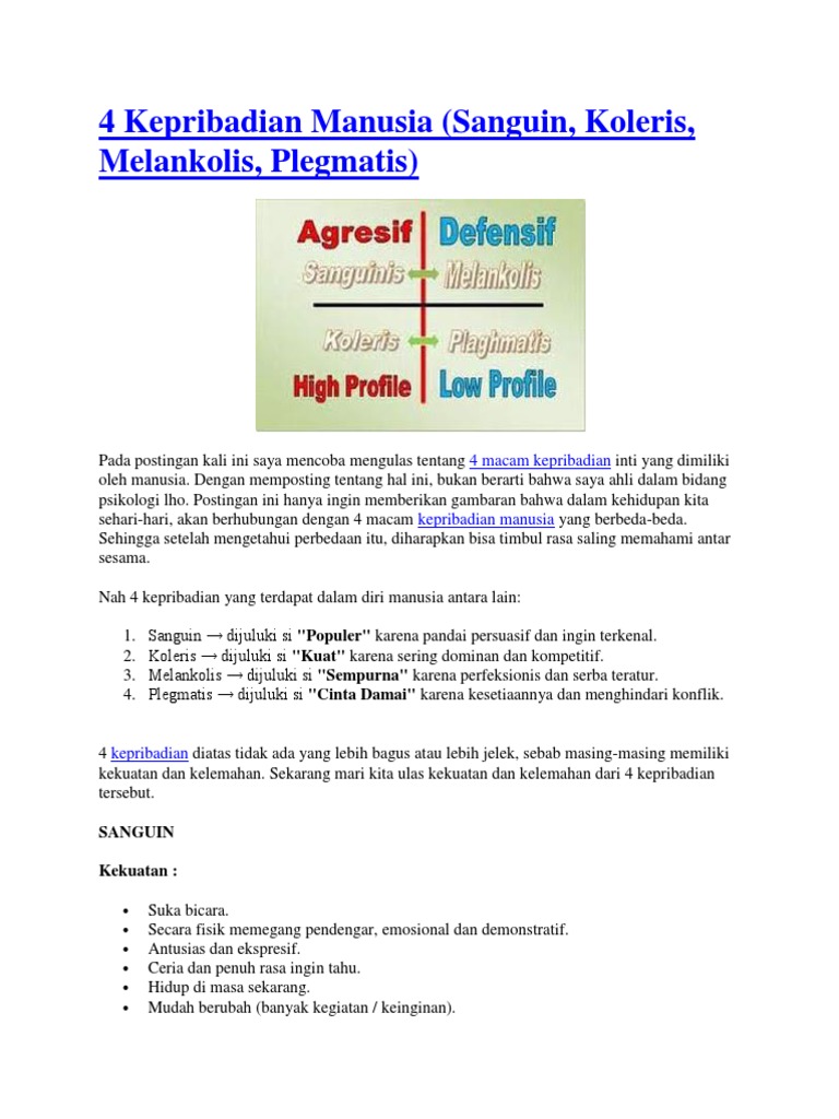 4 Kepribadian Manusia (Sanguin, Koleris, Melankolis, Plegmatis) | PDF