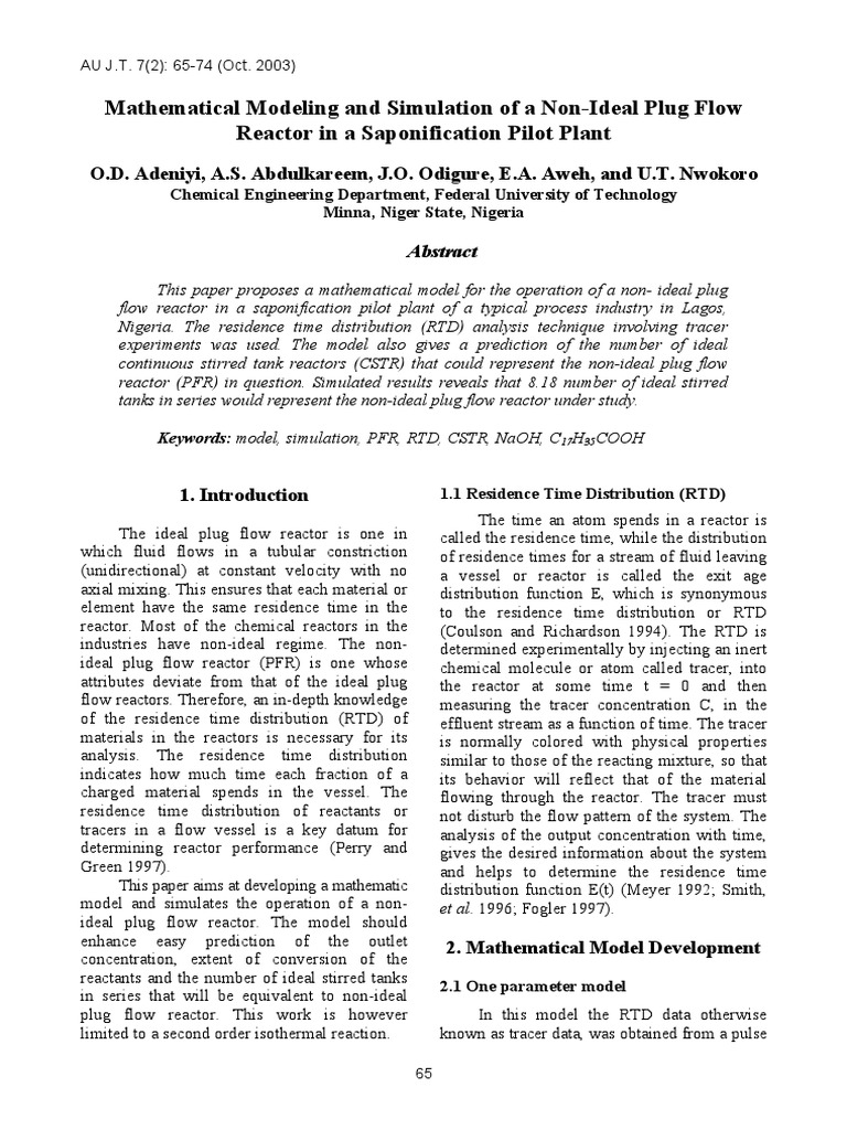 Mathematical Modeling and Simulation of A Non-Ideal Plug Flow Reactor ...