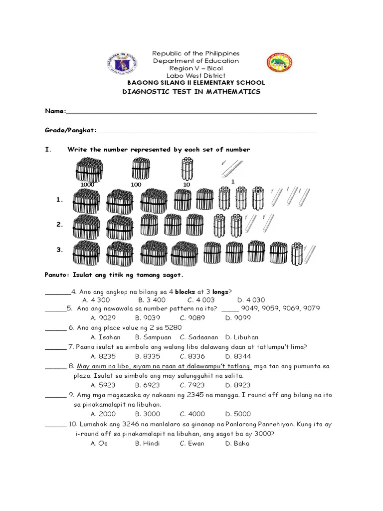 Diagnostic Test in Math and English | PDF