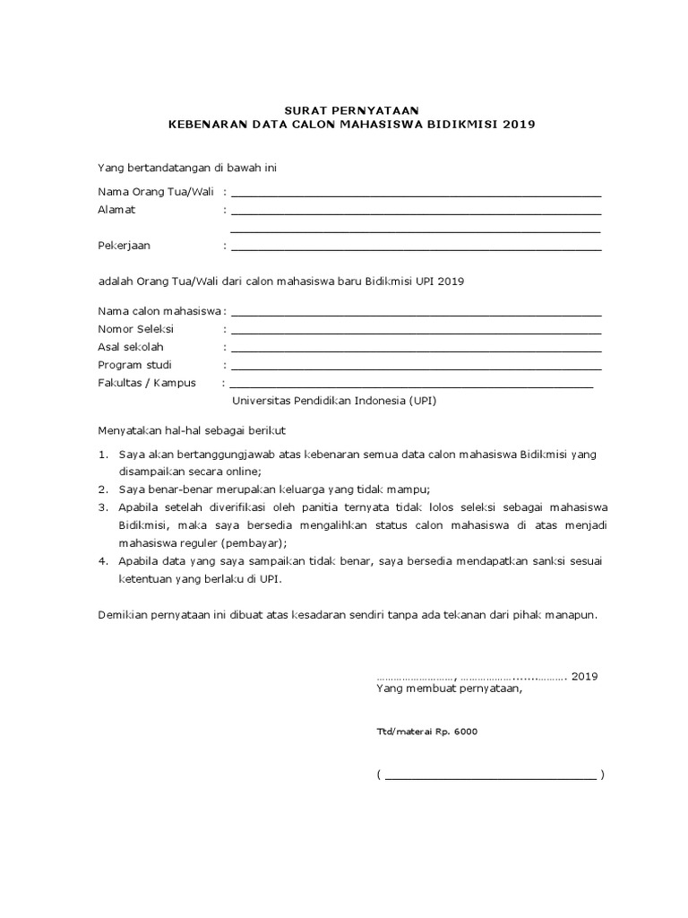 Surat Pernyataan Kebenaran Bidikmisi 2019