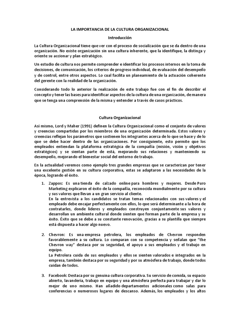 La Importancia de La Cultura Organizacional | PDF | Cultura ...