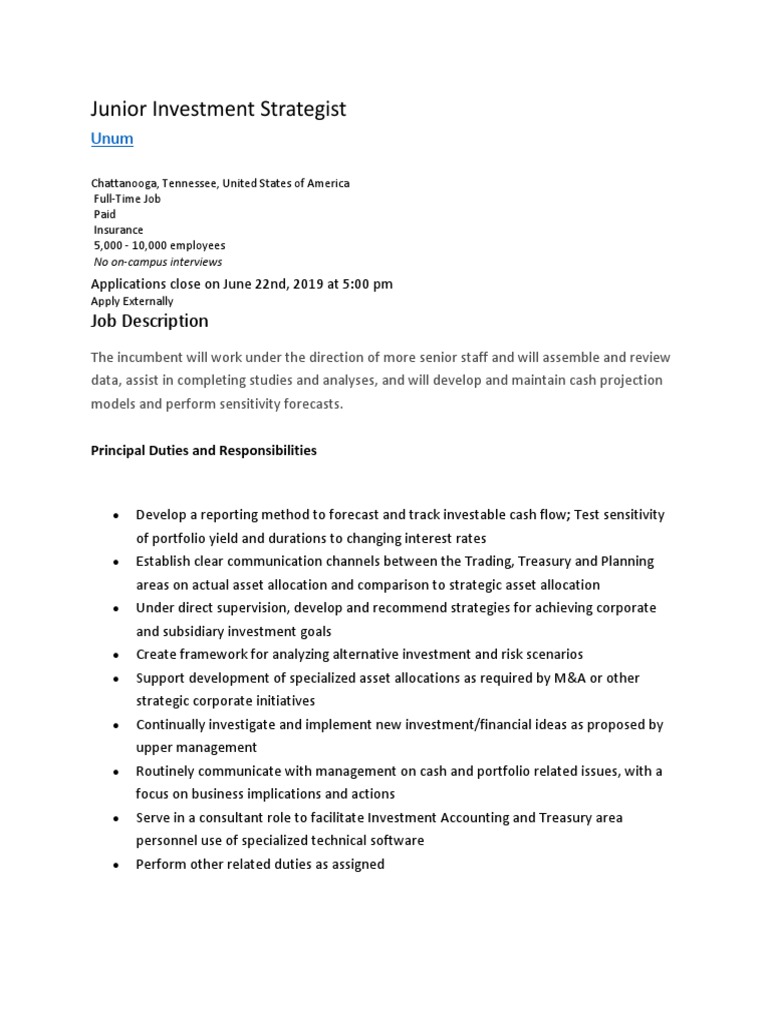 Junior Investment Strategist Job Description PDF Asset Allocation