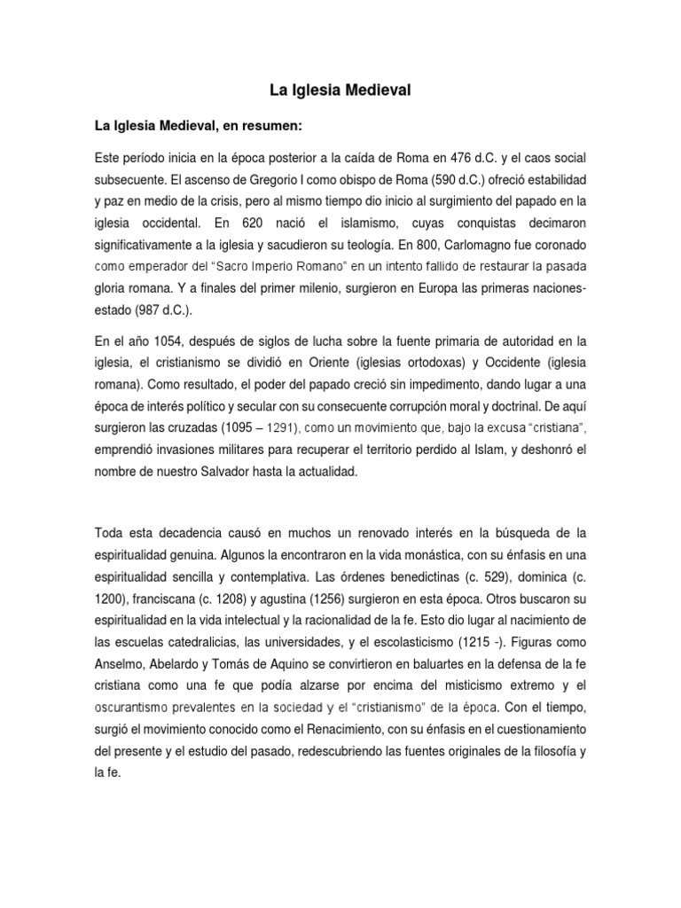 Historia de la Iglesia Medieval | PDF | Iglesia Católica | Edades medias