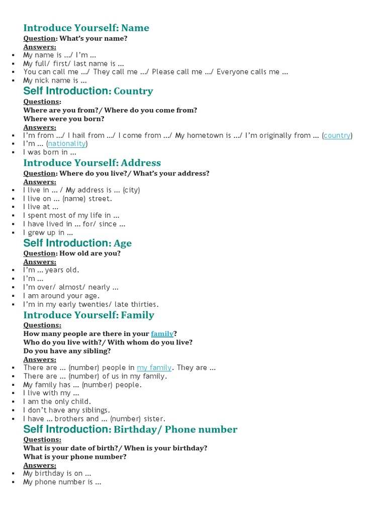 Self-Introduction Guide and Exercises | PDF | Hobbies