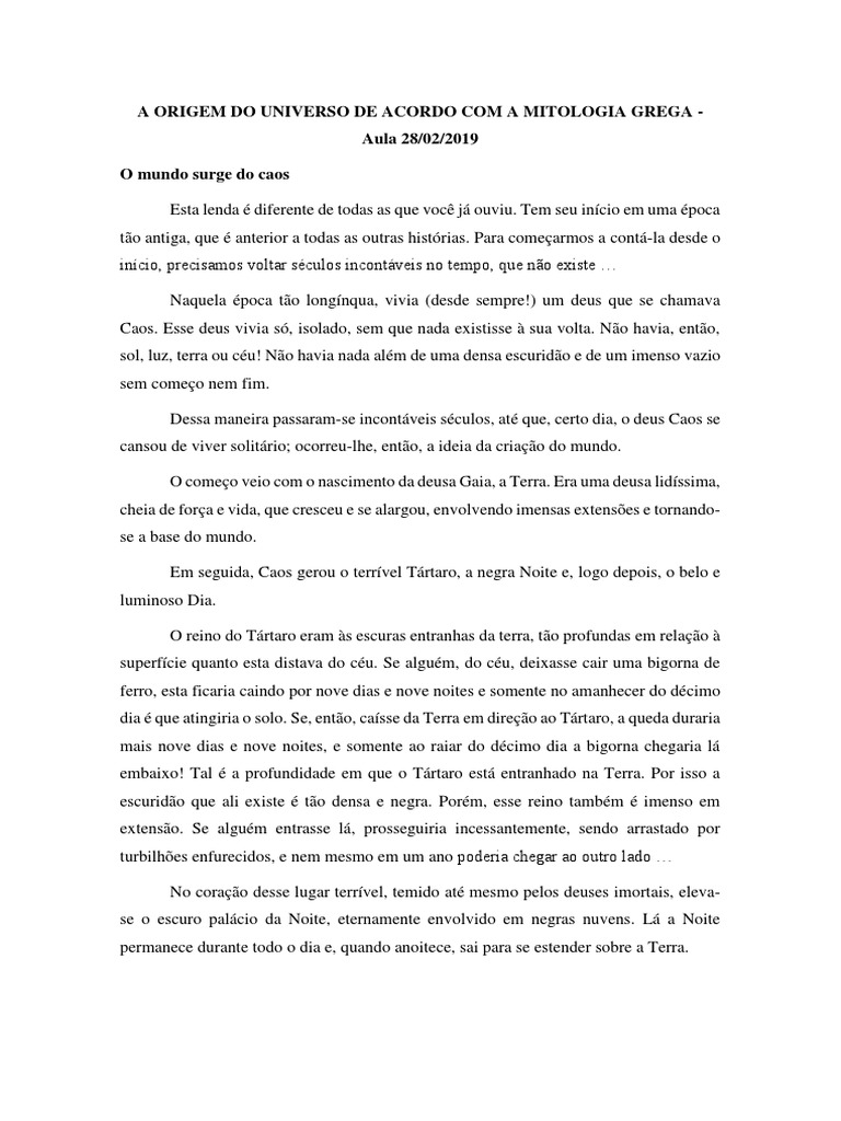 2 Aula A Origem Do Universo De Acordo Com A Mitologia Grega Pdf