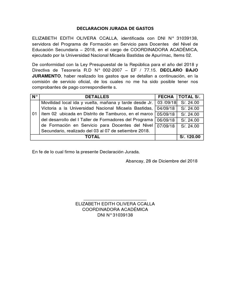 Declaración Jurada de Gastos Docentes | PDF | Aprendizaje | Educación ...