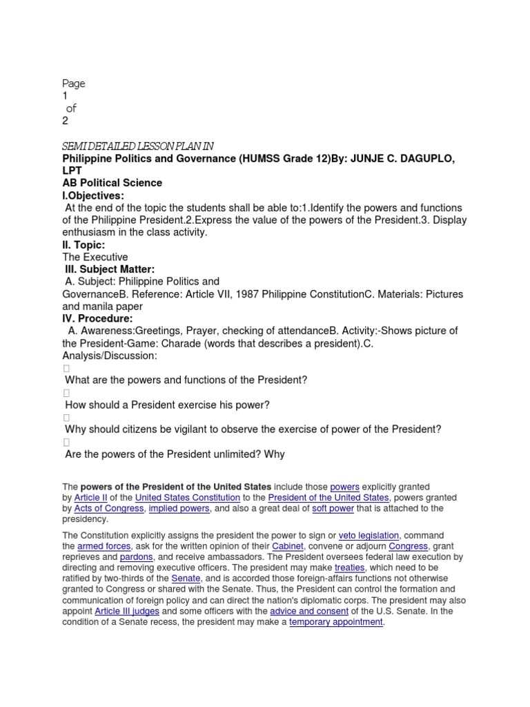 Lesson Plan: Powers of the President | PDF | Article Two Of The United ...