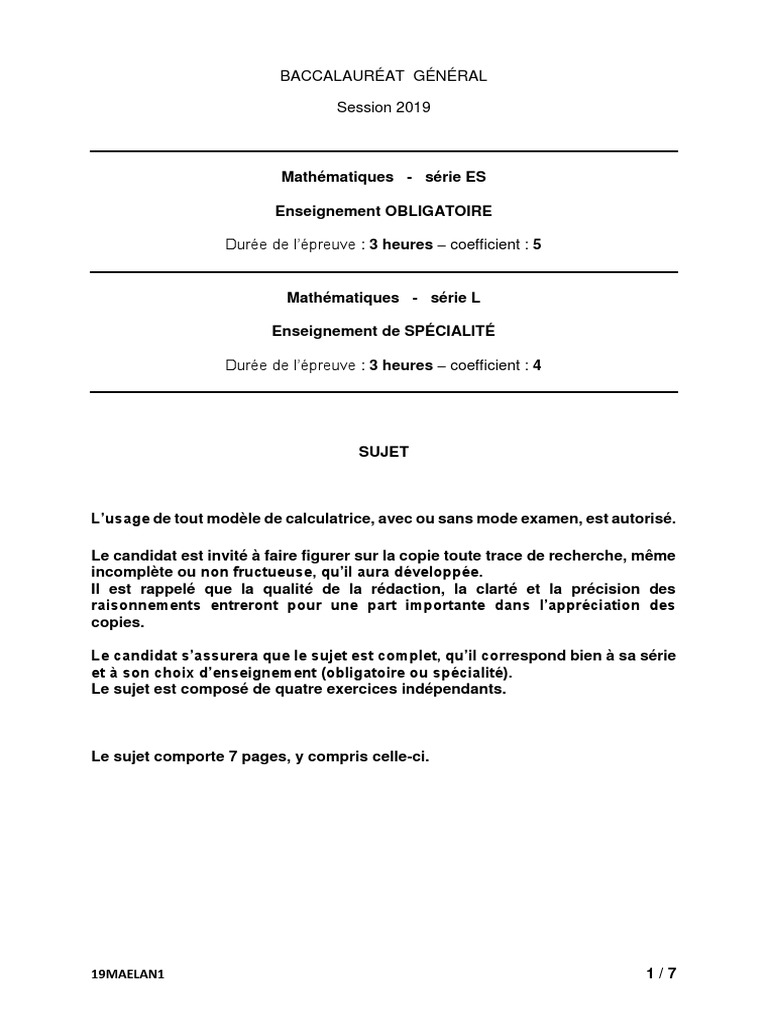 Sujet Bac Pro Maths 2019 Corrigé