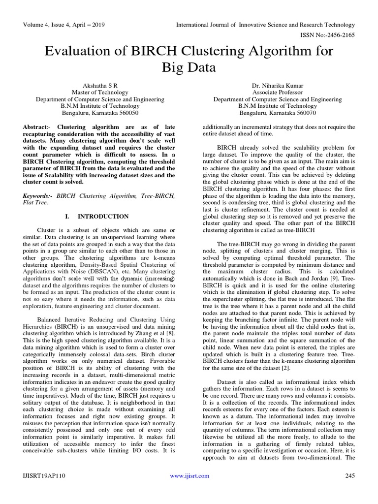 Evaluation of BIRCH Clustering Algorithm For Big Data | PDF | Cluster ...