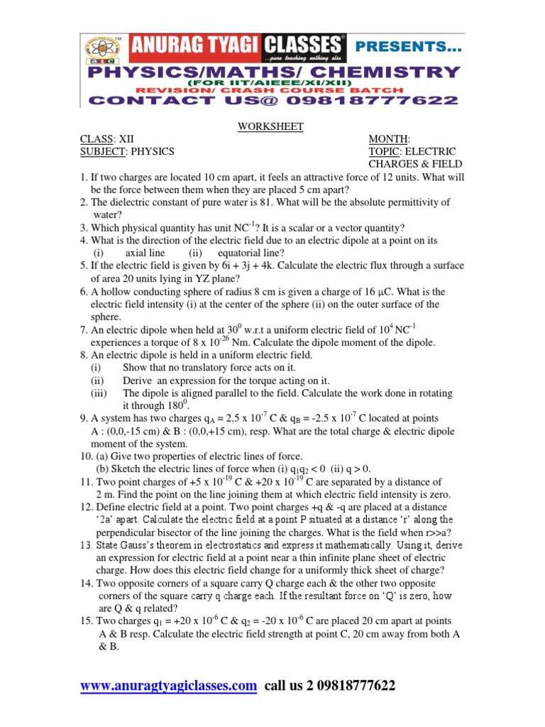 electrostatics worksheet.pdf | Electric Field | Electrostatics | Free