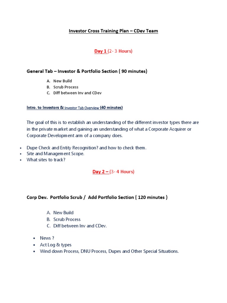 Investor Cross Training Plan - Cdev Team: Day 1 (2-3 Hours) | PDF