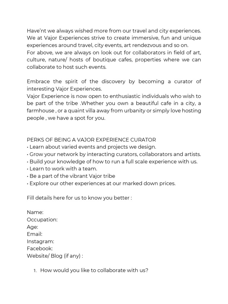Become a Vajor Experience Curator | PDF | Social Science | Home & Garden