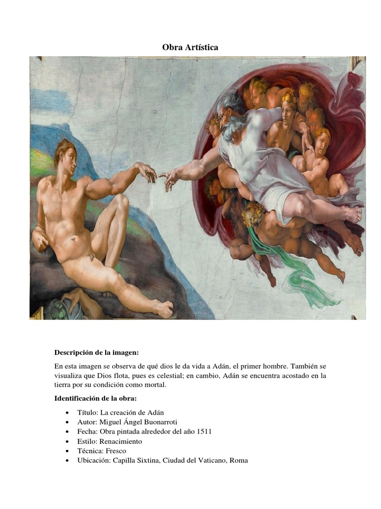 Obra Artística Creacion de Adan, Descripcion, Ficha Tecnica | PDF | Pinturas  | Perspectiva (Gráfica)