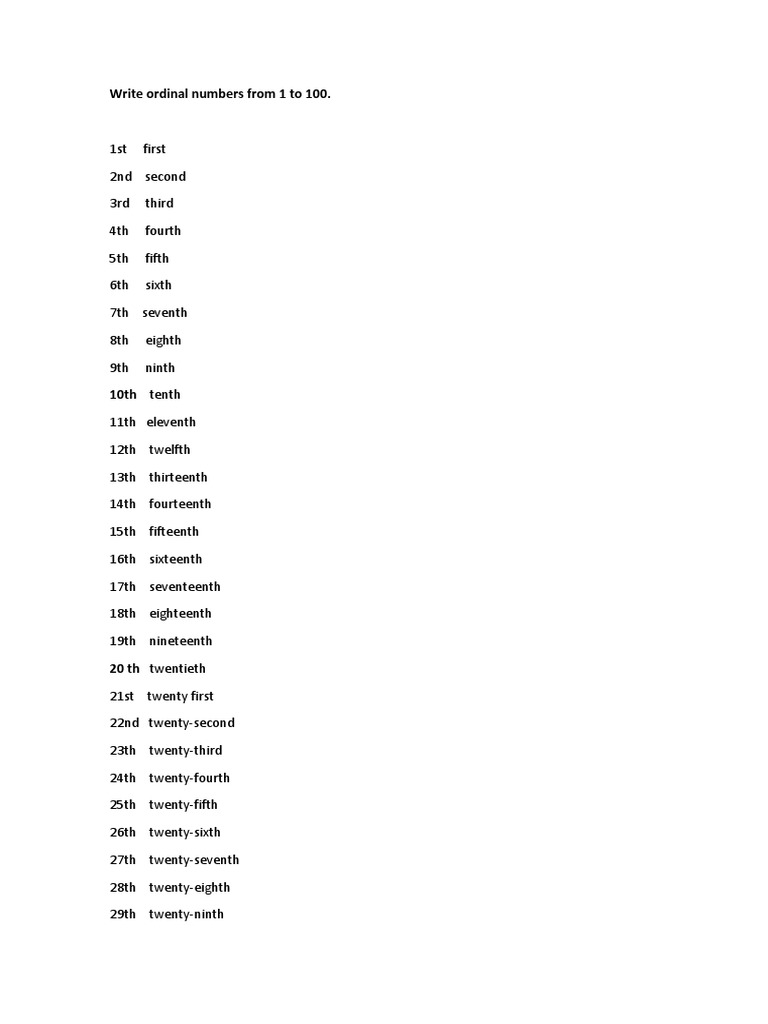 Write Ordinal Numbers From 1 To 100 | PDF