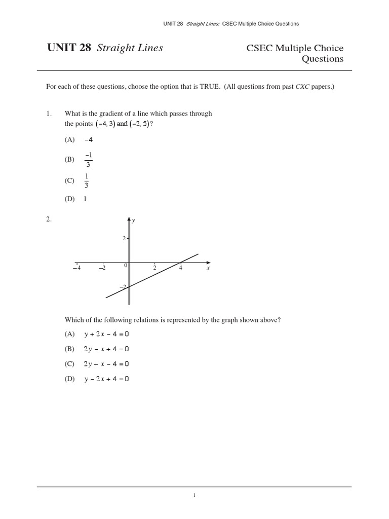 CSEC Straight Lines MCQ Practice | PDF