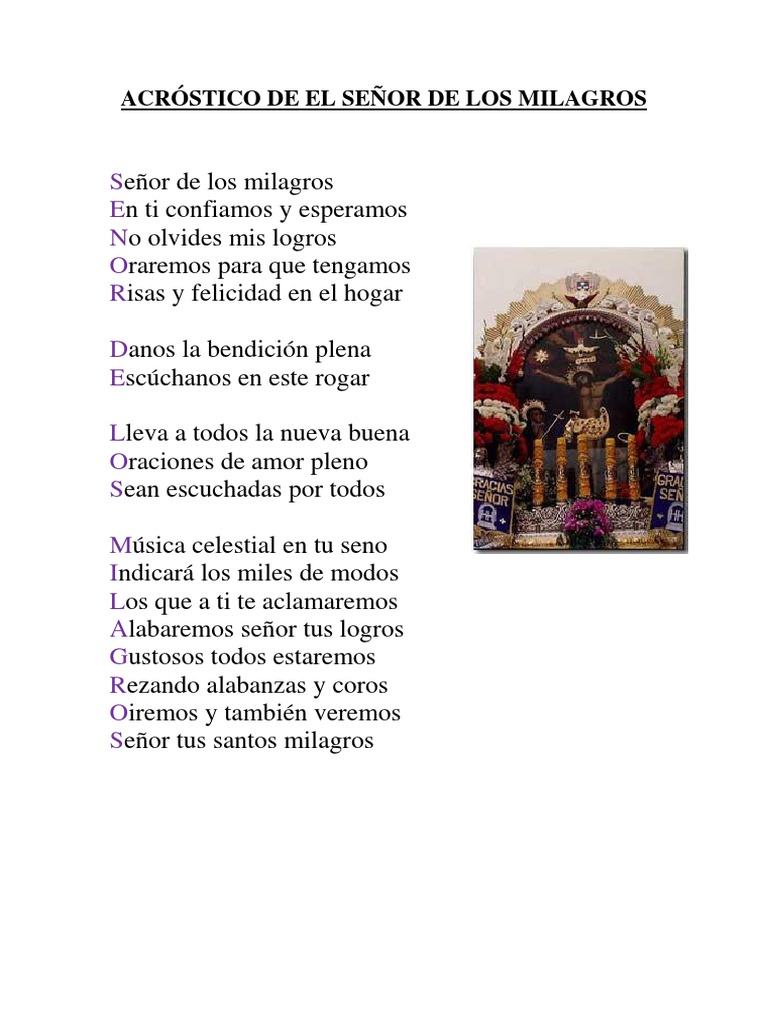 S E N O R D E L O S M I L A G R O S Acrostico De El Senor De Los Milagros