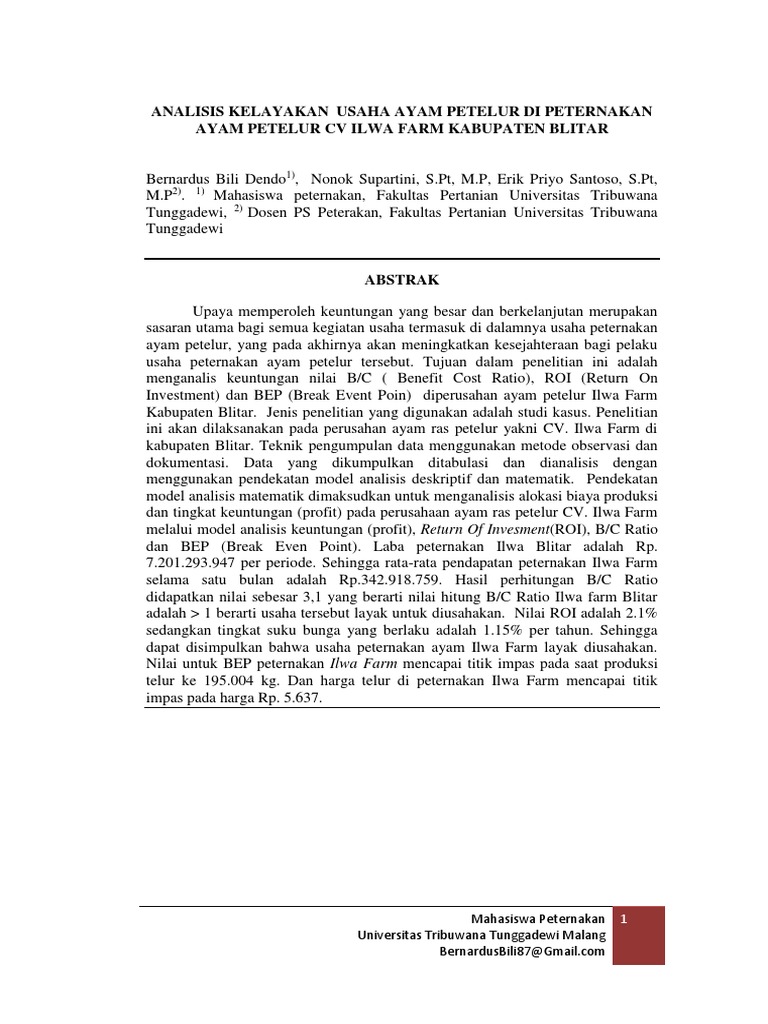 Analisis Kelayakan Usaha Ayam Petelur Di Peternakan Ayam Petelur Cv Ilwa Farm Kabupaten Blitar