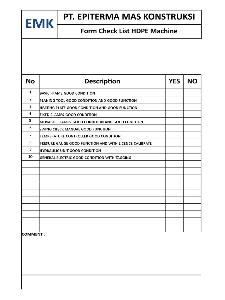 Form Checklist Machine SHD 160 Butt Fusion PDF