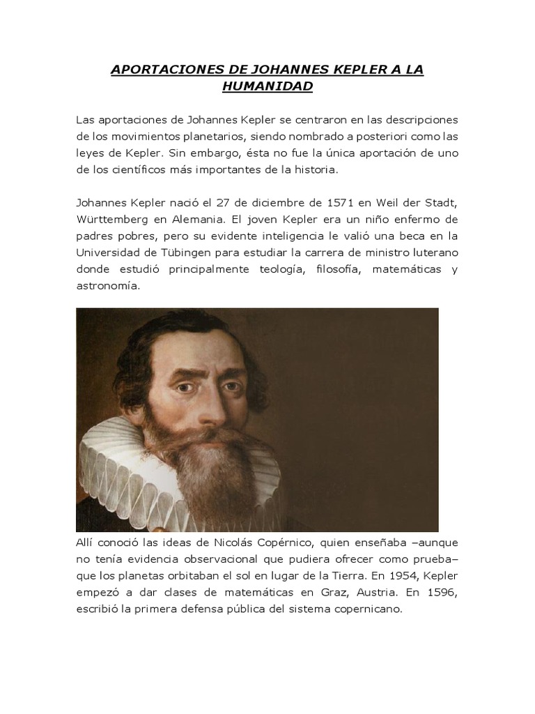 Aportaciones de Johannes Kepler A La Humanidad PDF Johannes Kepler Tycho Brahe