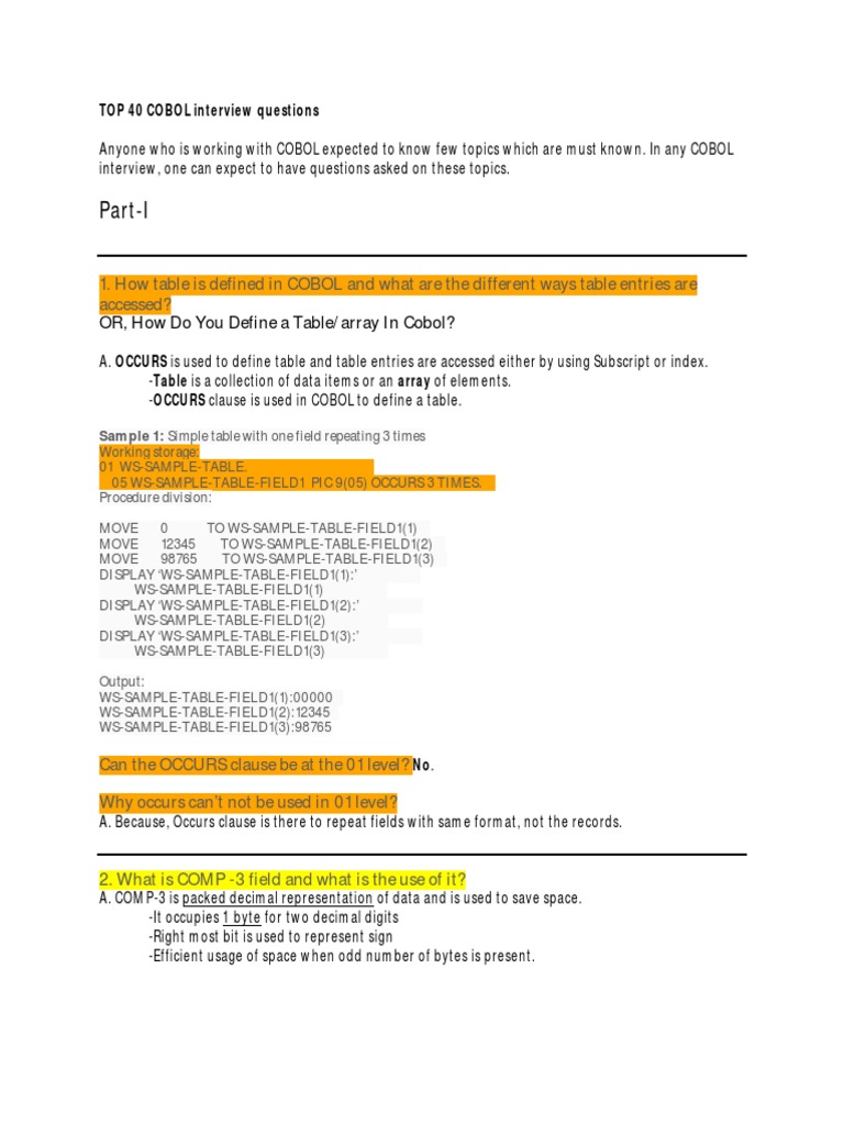 Top 40 Cobol Interview Questions Pdf Subroutine Array Data Structure