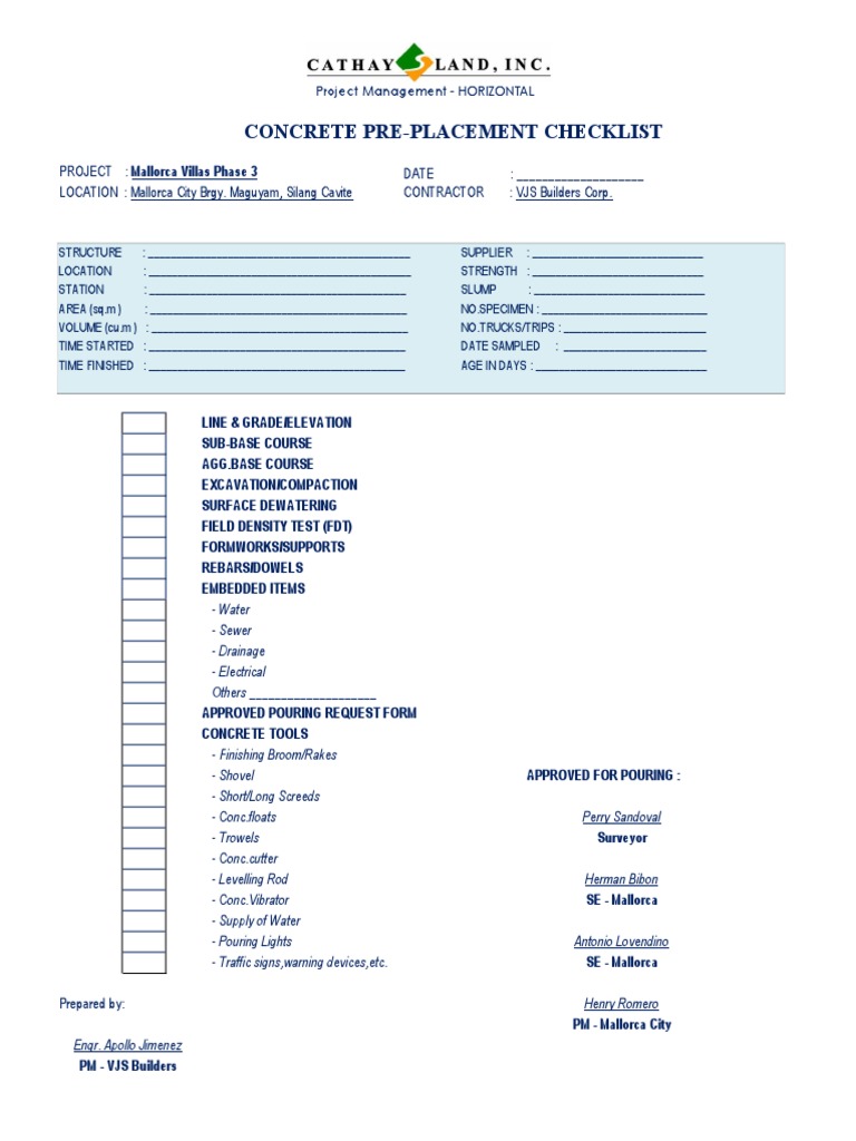 Concrete Pre Placement Checklist Backup Pdf Concrete Infrastructure