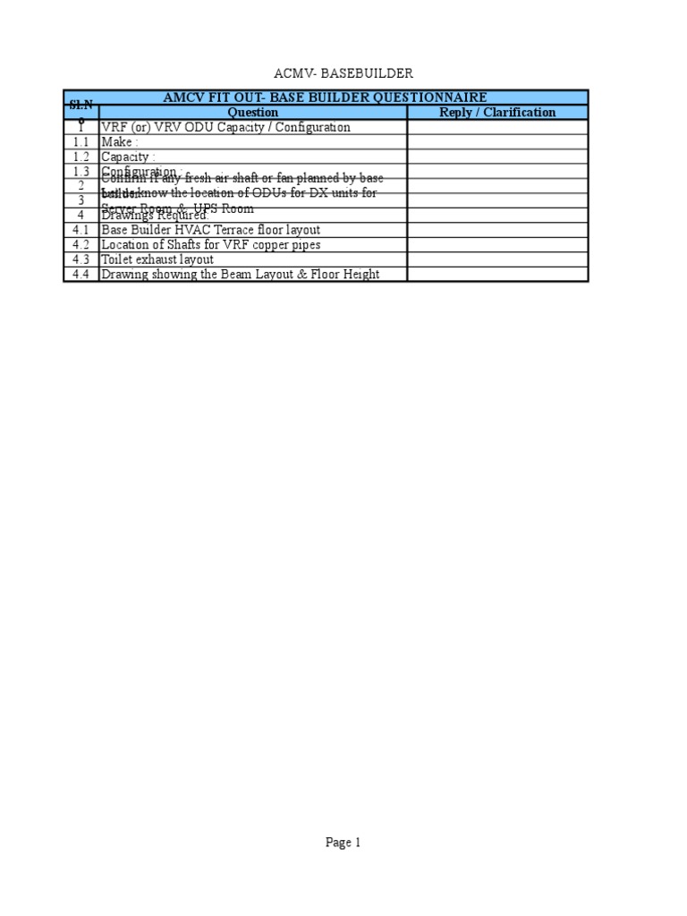Amcv Fit Out-Base Builder Questionnaire Reply / Clarification SL.N o | PDF