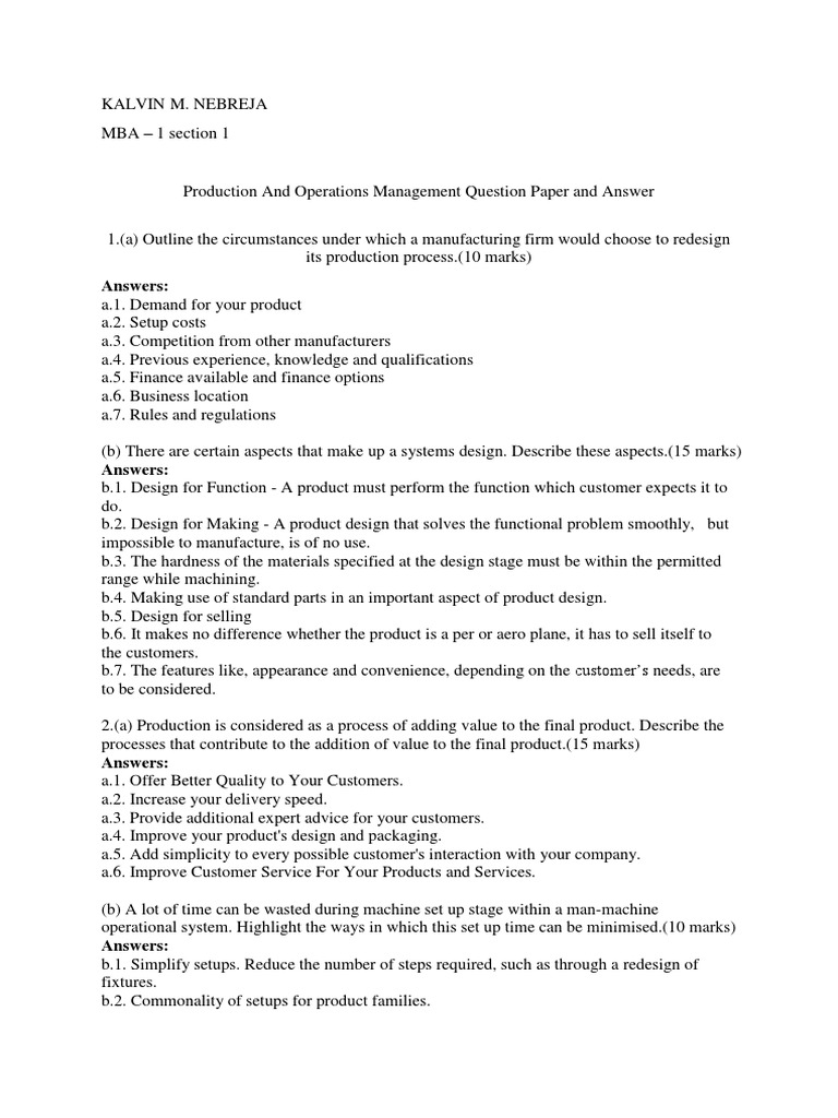 Production And Operations Management Exam Answer Pdf Moving