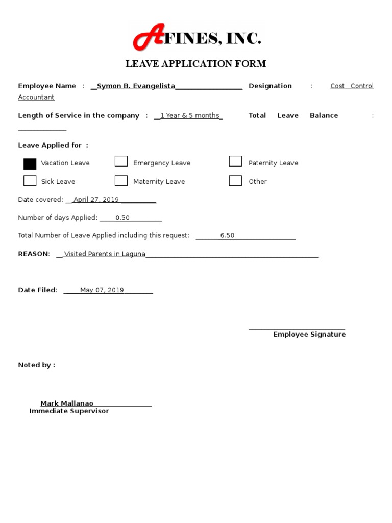 Leave Application Form Template | PDF