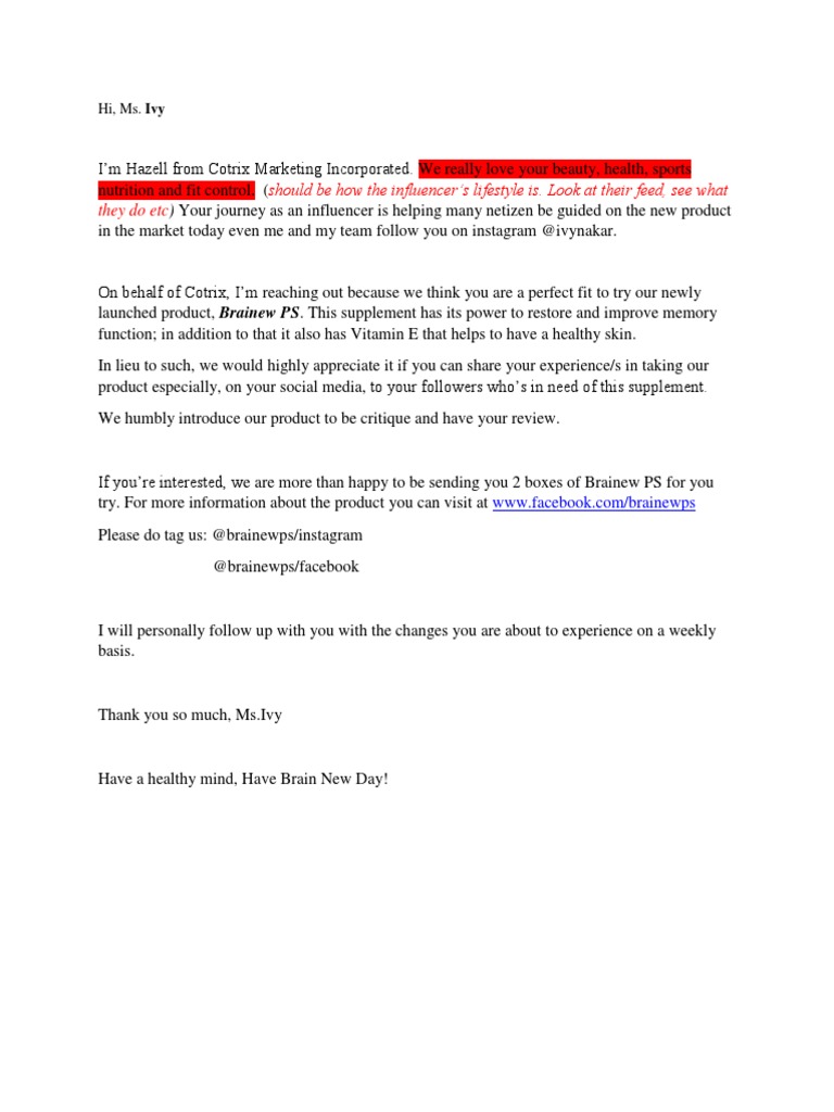 Influencer Collaboration Offer for Brainew PS | PDF