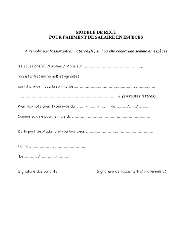 Modele de Recu Pour Paiement de Salaire en Especes  PDF
