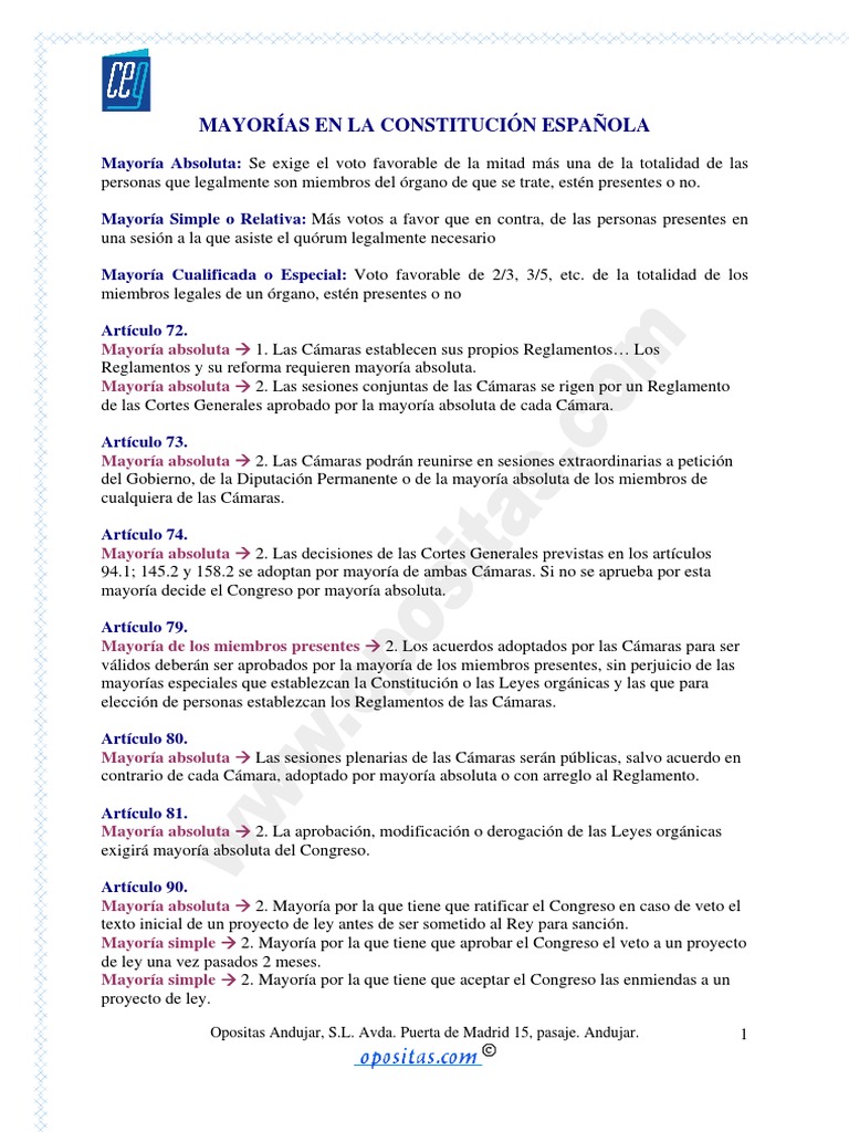 Mayorías en la Constitución Española | PDF | Gobierno de españa | Justicia