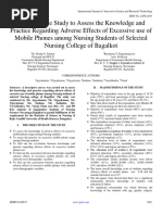 A Descriptive Study To Assess The Knowledge and Practice Regarding Adverse Effects of Excessive Use of Mobile Phones Among Nursing Students of Selected Nursing College of Bagalkot