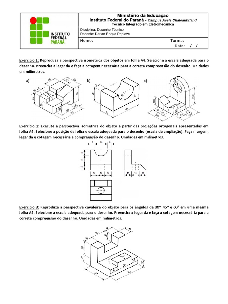 Desenho técnico: Perspectivas isométrica e cavaleira de objetos ...