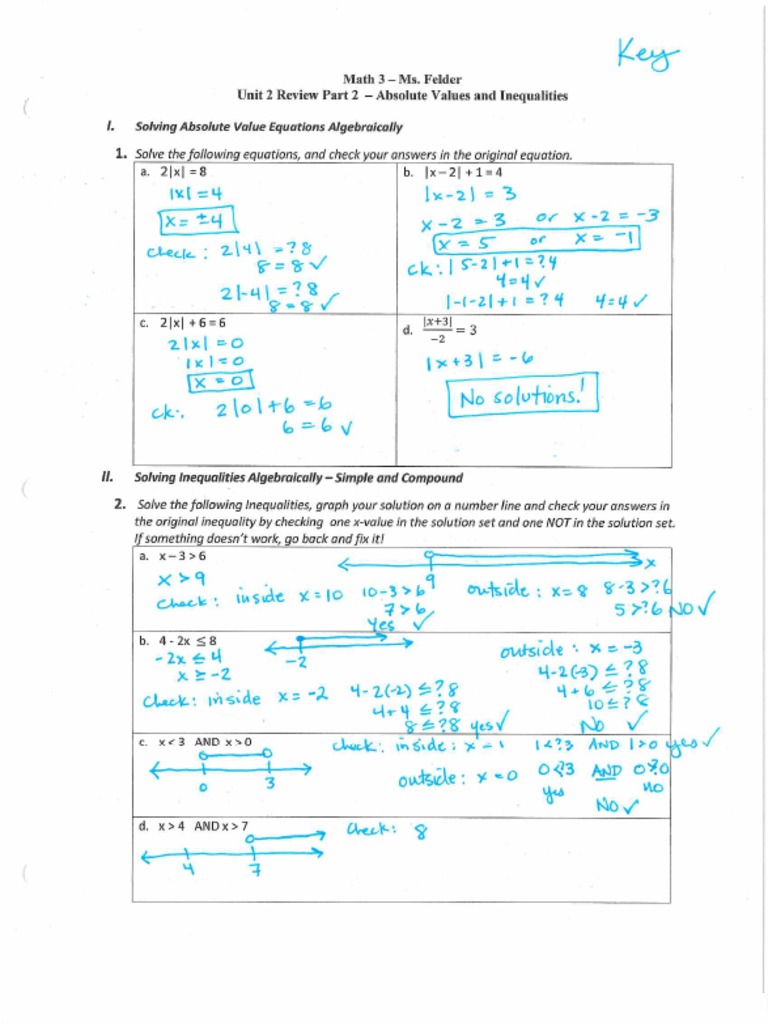 Math3 Unit 2 Test Review Key PT 2 - Abs Values and Inequalities 1819 | PDF