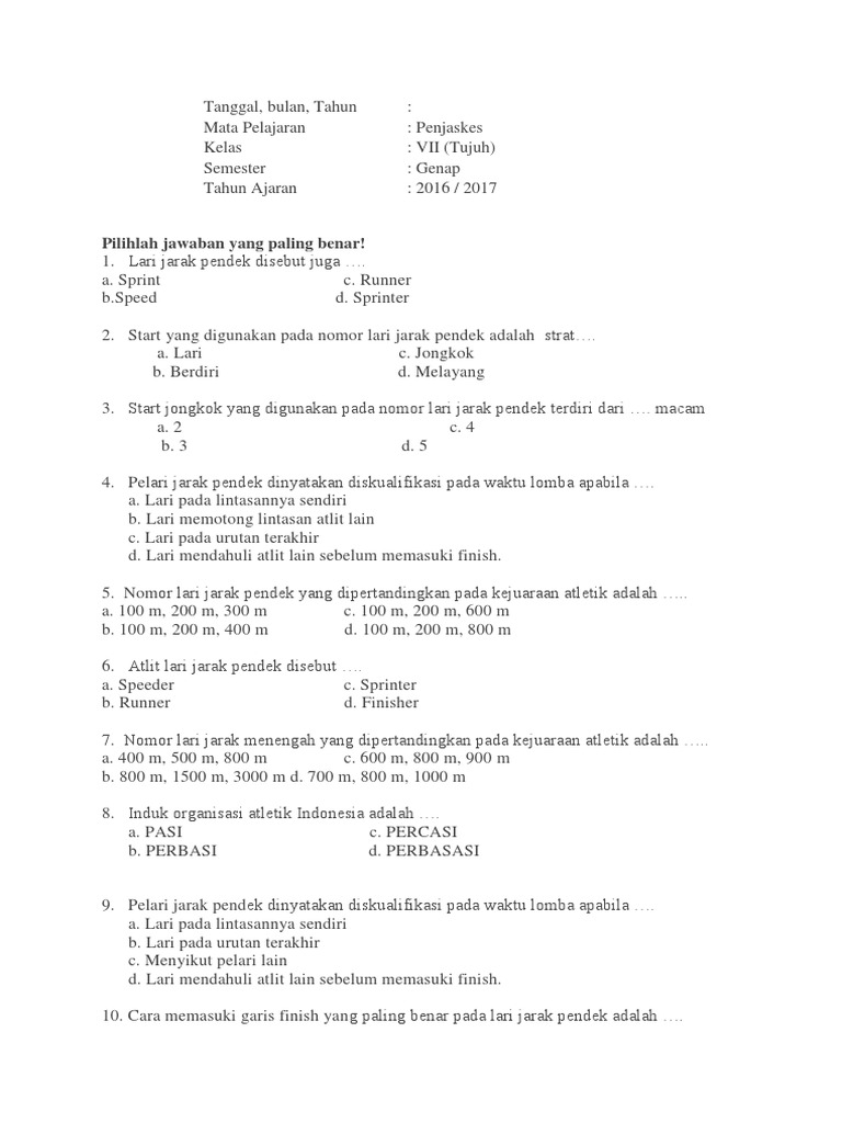 Soal Penjas Kelas 7 Kutai Timur