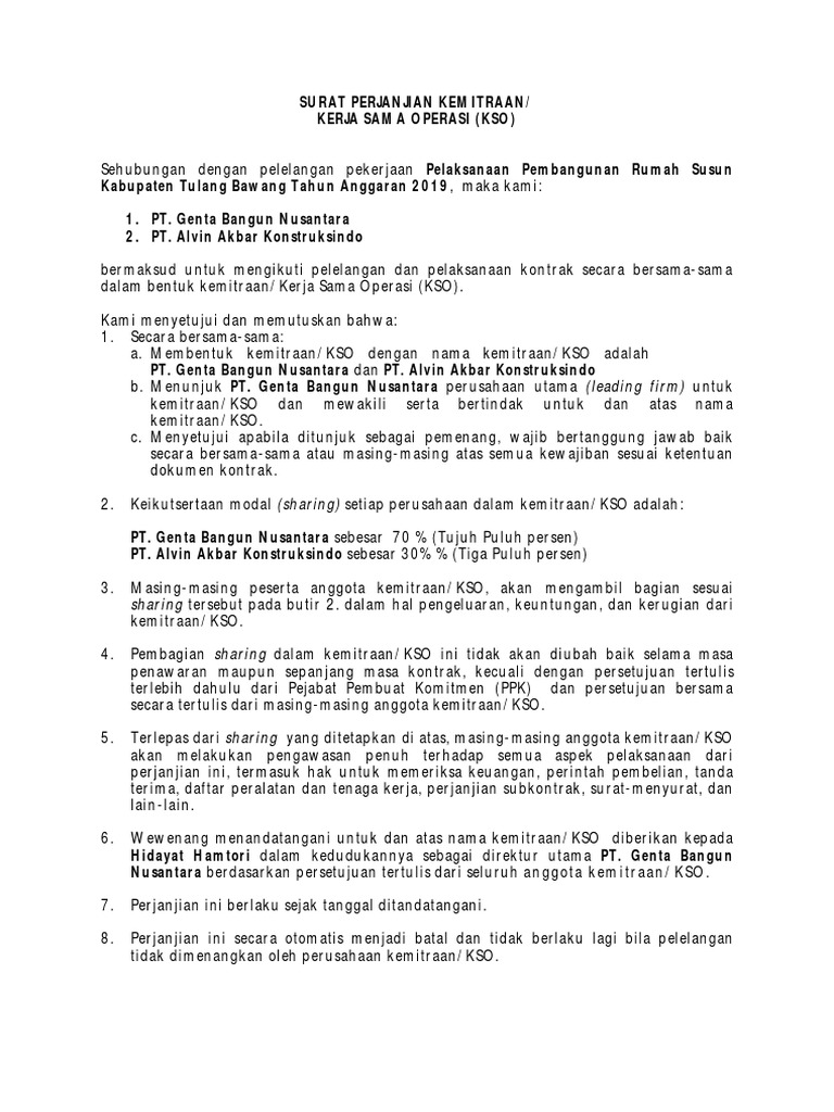 Surat Perjanjian Kemitraan - Kso | PDF