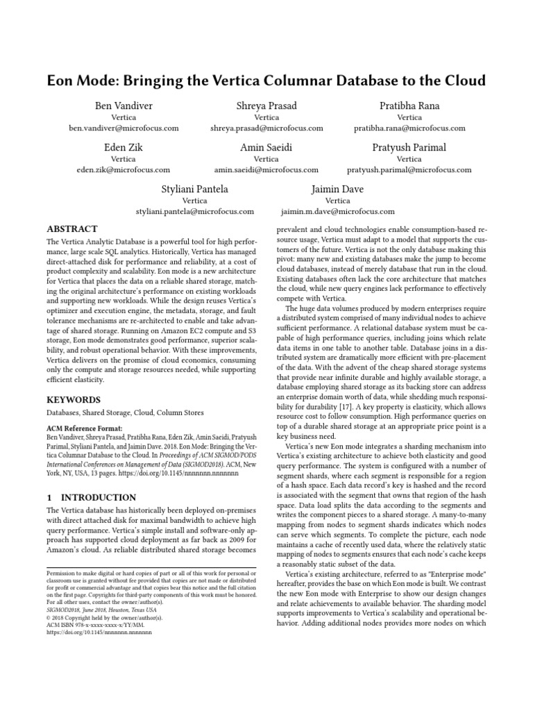 Vertica Eon Sigmod Paper PDF Database Transaction Databases