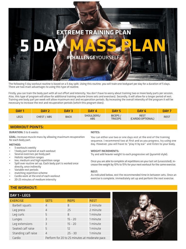 5-Day Mass Workout Plan for Muscle Gain | PDF | Aerobic Exercise ...